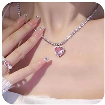 Yienate Boho Cristallo Tennis Collana Choker Scintillante Rosa Strass Ciondolo Collane Pave Cristallo Cuore Fascino Collana Dichiarazione Cz Nuziale Collana Gioielli Per Le Donne E Le Ragazze