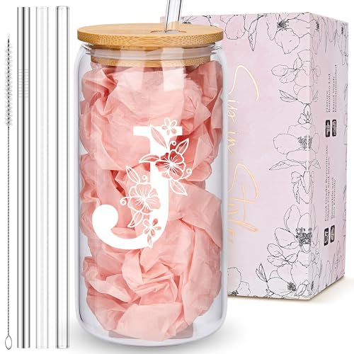 Personalized Tumbler, Monogrammed Can Glass Cups with Bamboo Lids and Straws, Customized Gifts for Women, Cute Design Initial Iced Coffee glasses, Custom Letter Mug, Birthday Bridesmaid, J