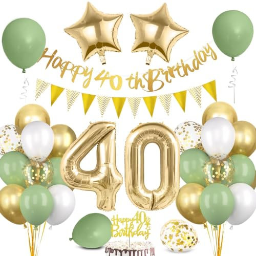 40 Geburtstag Deko für Mann und Frau - Luftballon, Happy Birthday Banner, Wimpelkette, Folienballon Zahl 40, Cake Topper - Grün Gold Party Dekoration