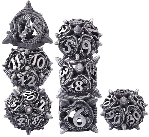 SIQUK 7 Pezzi Set di Dadi DND, Dadi Metallo Cavi Dadi Poliedrici D4/D6/D8/D10/D12/D20/D% per Dungeons and Dragons MTG RPG, Ferro Antico