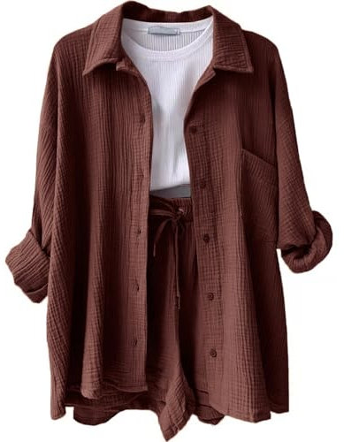 Zweiteiler Damen Elegant Casual Sport Outfit Kurze Jogginganzug Hosenanzug Sportlich Body Kurzarm Set(3-Coffee,XL