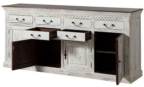 MASSIVMOEBEL24.DE | Sideboard Mango/Akazie 200x45x90 weiß gewachst Castle-ANTIK #108, Farbe:weiß gewachst, Größe:200x45x90 cm (BxTxH)