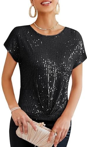 GRACE KARIN Frauen Funkelnde Glitzer-Pailletten Tank Top Party Disco Kurzarm Glänzendes Bluse Modisches Bequemes Oberteil Schwarz XXL