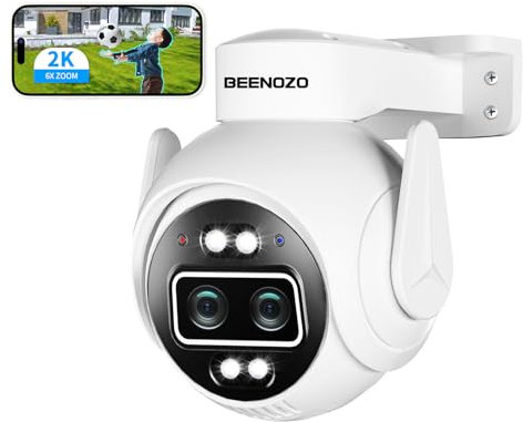 BEENOZO [Zoom Hybrid 6X] 2K Telecamera di sorveglianza WiFi esterna con doppio obiettivo, 355° PTZ Telecamera interna, WiFi 2.4/ 5GHz,Monitoraggio automatico, rilevamento umano, visione notturna