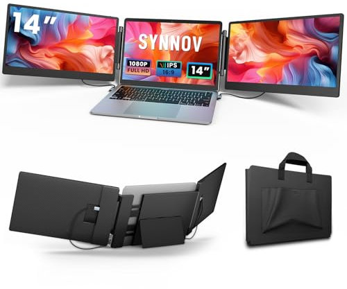 Laptop Screen Extender, 14 FHD 1080P Triple Portable Screen Extender Monitor for 13-16.5 Laptop with Stand Dual Monitors Built-in Speakers, Monitor Extender for MacOS/Wins/Chrome/Dex
