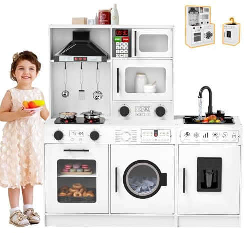 JOYLDIAS Kids Play Kitchen Set, Wooden Free Combination & Movable Pretend Toddler Kitchen Toy w/Real Sound and Light, Running Water, Oven, Washing Machine and Cookware Accessories for Age 3+ Toddlers