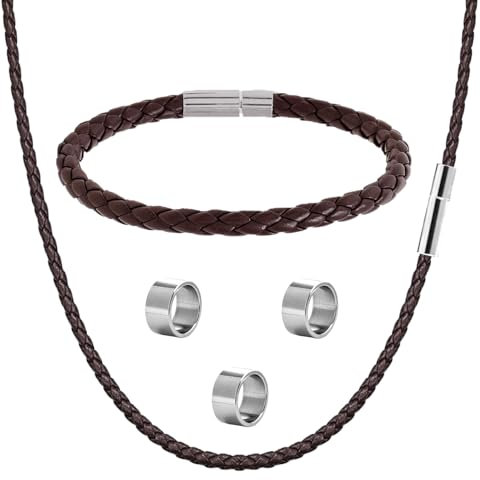 ZENGSING Leather Necklace Braided Rope Chain Mens Plaited Leather Bracelet with Stainless Steel Clasp 3 pcs Silver Stopper Charms Beads Waterproof Leather Bracelets Mens Gifts Jewellery (Brown)
