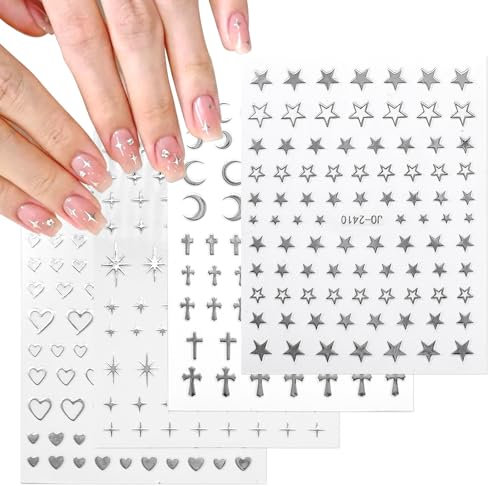 BUOKSLLY 4 Blätter 3D Nagelaufkleber - Silber, Natürliche Nail Art Designs - Stern, Mond, Herz, Kreuz - Selbstklebend für natürliche & Acryl-Nägel