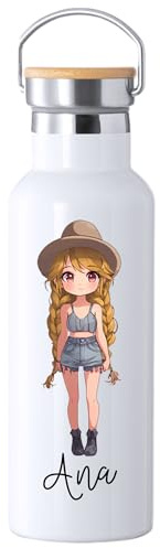 Botella de Agua Térmica Personalizada, Ilustración chica vaquera con personalizacion, 500ml, Acero Inoxidable, Tapa de Bambú, (RUBIA, Botella personalizada)
