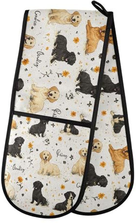 Oven Gloves Double Oven Gloves Labrador Floral Name Pattern Heat Oven Mitts Pot Holder Heat Resistant Quilted for BBQ Baking Kitchen Cooking Gloves