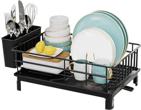 NEXROLA escurreplatos- escurridor de Platos, Organizador de Cocina Giratorio, diseño Compacto Que Ahorra Espacio, antioxidante y Duradero estanteria Cocina (Negro)