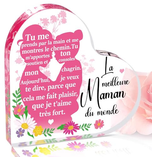 DPKOW Cadeau Maman, Idée Cadeau Fête des Mères Français, Cadeau Mère et Fille Décoration Acrylique en Forme de Cœur, Cadeau d'anniversaire de Noël pour Maman, La Meilleure Maman du Monde