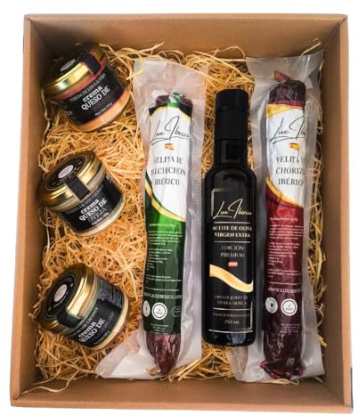 LUX IBÉRICO - Cesta Gourmet Lusitae - Embutido, Queso de Oveja y Aceite | Velitas de chorizo y salchichón ibérico, tres cremas de queso de oveja y aceite de oliva virgen extra. Lista para regalar.