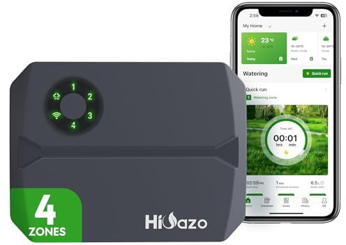 HiOazo WiFi 4-Zonen Bewässerungscomputer mit App Steuerung, Smart Sprinkler Steuerung, 16 Bewässerungsprogramme, Wasserschlagschutz für Gartenbewässerung, Gewächshaus & Rasenflächen, HSC-400W Grau