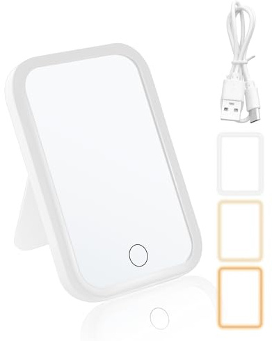 coalwop Espejo de maquillaje con atenuación táctil, 3 modos de luz de color, espejo de maquillaje LED, giratorio de 90°, recargable por USB, para viajes/tocador, regalo para niñas, blanco