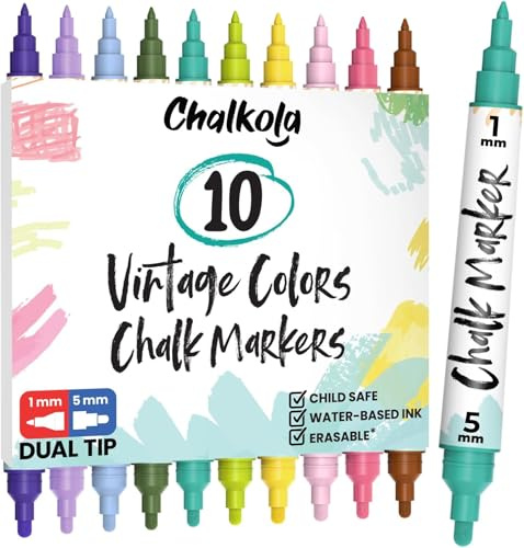 Chalkola Rotuladores de tiza para pizarra, lavables con doble punta (10 colores vintage, 1 mm + 5 mm fino, ancho), rotuladores de tiza borrables para ventanas, rotuladores de cristal, tiza, multicolor