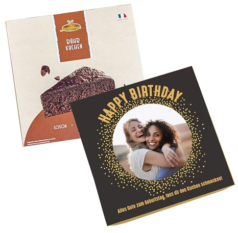 Herz & Heim® Geburtstagskuchen mit eigenem Foto – Rührkuchen mit personalisierter Verpackung in Zitrone, Vanille oder Schokolade – Geburtstagsgeschenk mit Foto & Wunschtext (400 g, Schokolade)
