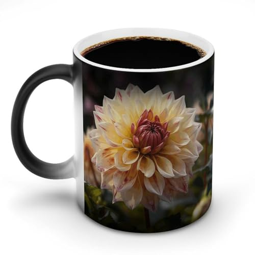 BSCKKDMN Tasse à café magique en céramique de 325 ml - Sensible à la chaleur - Changement de couleur - Tasse à café jaune dahlia pour homme et femme
