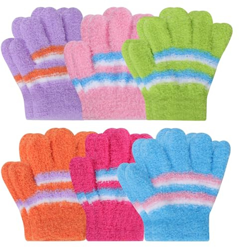 Fjquamitix Kinder-Winterhandschuhe, Plüsch-Handschuhe, bunt, gestreift, Thermo-Handschuhe, dehnbar, volle Finger, magische Handschuhe für Jungen und Mädchen, 6 Paar