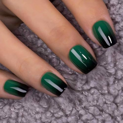 KQueenest Press on Nails Kurz French Tip – Dunkel Grün Schwarz Nägel zum Aufkleben Kurz Eckig, French Tip Fake Nails, Quadratische Künstliche Nägel Set für Frauen, 30 Stück