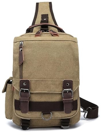 YBNKKUXKN Schulrucksack Canvas Cross Body Messenger Bag Schulter-Sling-Rucksack Reiserucksack for Schule, Reisen, Outdoor, College, Laptop, Business, Arbeit Ranzen(Kaki,One Shoulder)