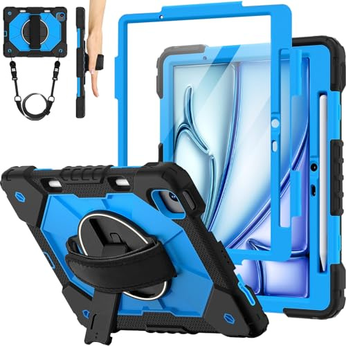 Hülle für iPad Air 11 (2026/2025/2024) M4/M3/M2, 360° Drehbarer Ständer und Handschlaufe, Schultergurt, Stifthalter (Schwarz-Blau)