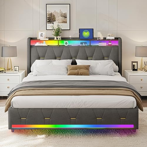 XMETPR EBSFBD 140x200 cm Bettgestell mit Kopfteil-Ablage, Leinen, Grau | Polsterbett mit 4 Schubladen Stauraum, LED-Beleuchtung, 1 USB + 1 Type-C Anschluss, Ladestation.