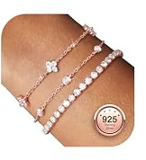 Finrezio 3 Stück Armband Damen Silber 925 Tennis Armband Silver Armband Set | 14 Karat Vergoldet Gold Armbänder Damen Mit Zirkonia Verstellbare Armband Schmuck Geschenk für Damen Silber/Gold/Rosegold