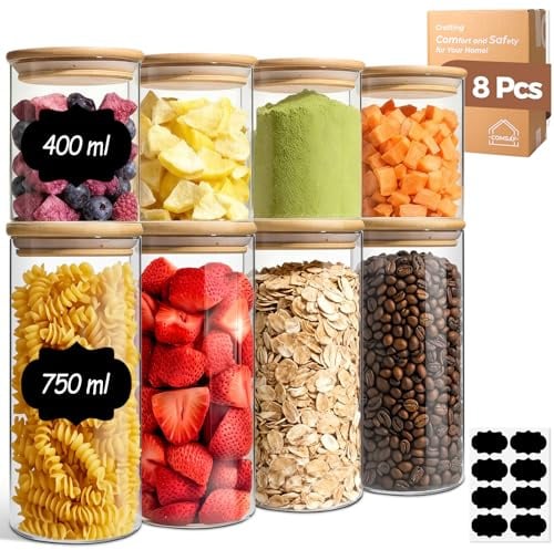 ComSaf Glasbehälter Vorratsgläser mit Deckel, Vorratsdosen 400/750 ml, 8er | Vorratsdosen, Kaffee, Tee, Zucker, Nüsse, Backzutaten, Küchenregal und Vorratsschrank