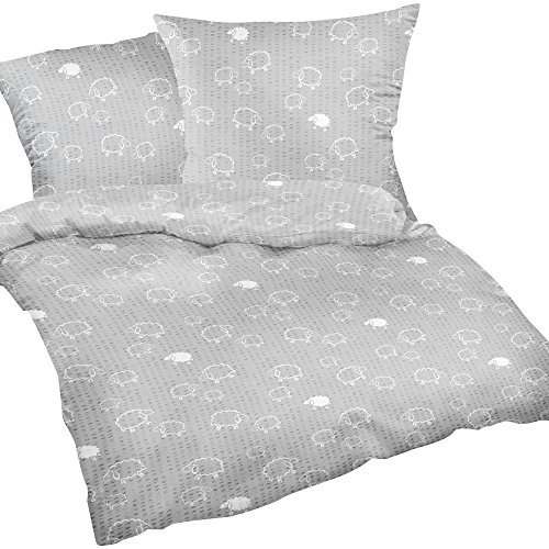 Heubergshop 2-teilige Seersucker Bettwäsche 135x200cm und 80x80cm - Schafe in Grau und Weiß - Bettgarnitur aus 100% Baumwolle, bügelfrei (S-099/7)