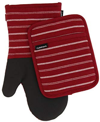 Cuisinart Kitchen Oven Mitt/Glove & Rectangle Potholder with Pocket Set w/Neoprene for Easy Gripping, Heat Resistant up to 260 degrees C, Twill Stripe- Red Dahlia