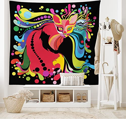 ABAKUHAUS Psychedelic Wandteppich Psychopatischer Abstrackte Katzen Acid Farben Klar Künstlerisch dargestelltaus Weiches Mikrofaser Stoff 150 x 110 cm Für den Wohn und Schlafzimmer Druck, Schwarz Rot