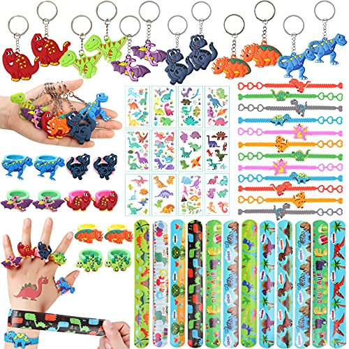 60 Pezzi Dinosauro Gadget Compleanno Bambini Portachiavi Braccialetti Slap Anelli Dinosauro Tatuaggi Braccialetti Regalo Dinosauri Festa Compleanno Gadget Bambini