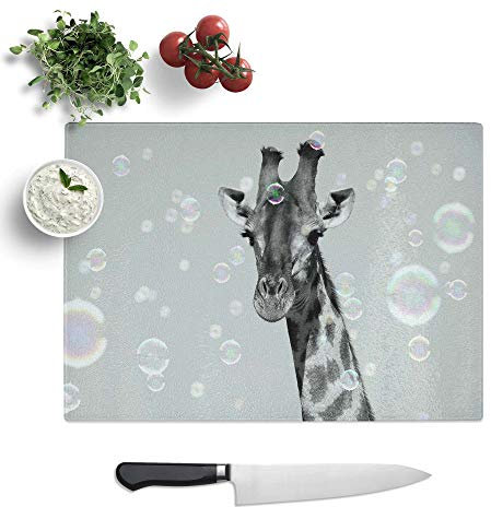 Glass Chopping Board - Giraffe Through The Bubbles - Textured Worktop Saver Cutting Board - Heat Resistant, Shatterproof and Hygenic - 39 x 28.5 cm