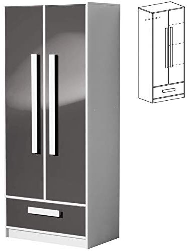 Furniture24 Kleiderschrank GULIVER 01 Drehtürenschrank Schrank Kinedzimmer Jugendzimmerschrank mit 2 Türen und Schublade (Weiß/Grau Hochglanz)