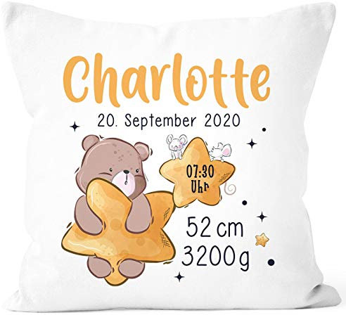 SpecialMe® personalisierbarer Kissen-Bezug zur Geburt Bär Stern Geburtskissen Namenskissen Geschenk Geburt Baby weiß 40cm x 40cm