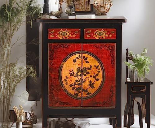 OPIUM OUTLET chinesische Kommode Sideboard Schrank Anrichte asiatisch orientalisch Vintage Shabby Chic Stil Kolonialstil Bunte Motive (RedMagic)