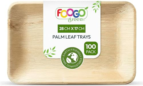 FOOGO Green 100 Plateaux de Service Jetables Feuille de Palmier, Moyens Profonds 28x17 cm, Pizza, Entrées, Canapés, Planche Charcuterie, Robuste et Ecologique Comme Plateaux en Bois pour Plats Chauds