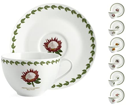 H&H Set di 6 Tazze da Colazione con Piattino in Porcellana, 370 ml, Bordo Verde e Decoro Floreale Assortito, Piattino con Bordo Verde e Motivo al Centro, Lavabili in Lavastoviglie