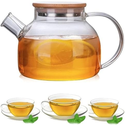 UNIQU Glass Teapot with A Filter Coil, Teapot 1000ml with Strainer for Loose Tea,Tea Kettle Safe On Stovetop, Bamboo Lid with Stainless Steel Bottom and Filter Coil