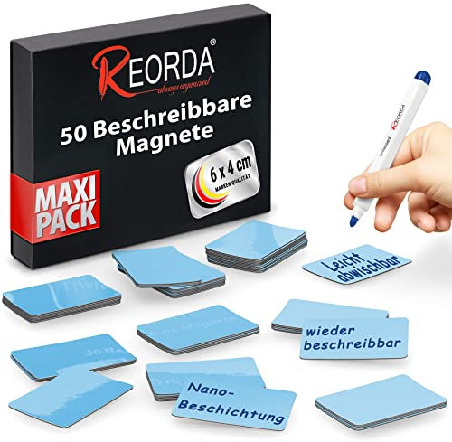 Reorda® Magnetstreifen beschreibbar - 50 Stück wiederbeschreibbar – 6 x 4 cm (Blau) - Beschreibbare Magnete für Whiteboard, Kanban, Magnettafel oder als beschriftbare Magnete für den Kühlschrank
