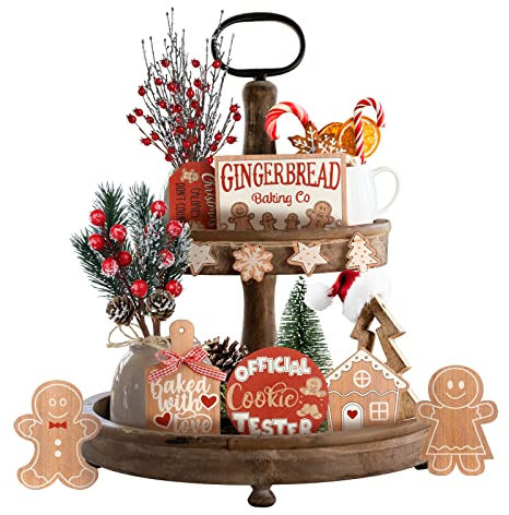 RENXR 12Pcs Christmas Tiered Tray Decorations Set, Winter Gingerbread Man Theme Wooden Tabletop Signs, Farmhouse Xmas Tiered Tray Decor for Home Kitchen Party