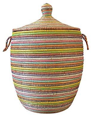 Wäschekorb Afrika - S/M/L/XL/XXL - Das Original aus dem Senegal - Afrikanischer Flechtkorb mit Deckel - Fair Trade Korb für Bade- / Wohn- & Kinderzimmer (L, Stripes Bunt)
