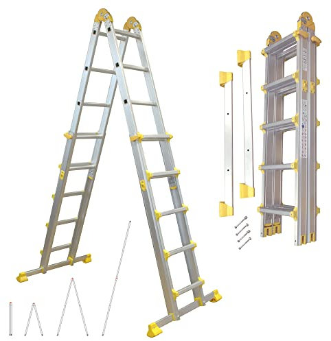 Alu Teleskopleiter ausziehbar | 20 Sprossen Leiter klappbar 4-teilig | 461 cm Länge | Gelenkleiter Klappleiter Stehleiter Aluleiter Anlegeleiter Bockleiter | bis 150 kg