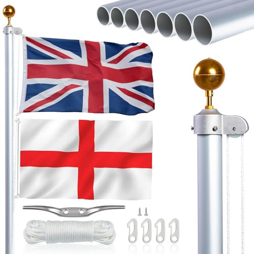 NQ Mástiles de bandera de 6 m para jardín, kit de poste de bandera seccional de aluminio resistente con bandera del Reino Unido, decoración de mástil de bandera, cuerda para mástil, poste de bandera