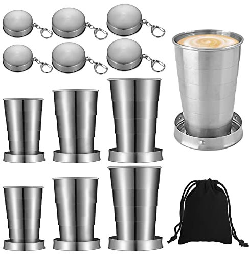 HOMURY 6 Stück Edelstahl Faltbare Tasse Travel Cup Faltbecher Edelstahl Tasse Edelstahlbecher mit Tasche Wiederverwendbar Faltbarer Becher Tragbar für Gebrauch Camping Strand Picknick Silber S/M/L