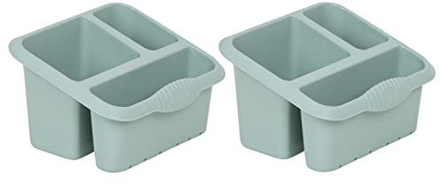 [Set of 2] - 3 Compartment High Grade Plastic Sink Tidy Cutlery Rack Drainer Caddy Holder For Knife Fork Spoon Utensil Drainer Kitchen Sponge Holder For Home - Silver Sage (Sink Tidy)