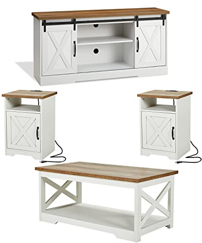 AMERLIFE 4-Piece Farmhouse Table Set Includes Sliding Barn Door TV Stand, Coffee Table& Two End Tables, Side Table with Charging Station and USB Ports, for Living Room, Distressed White, 66