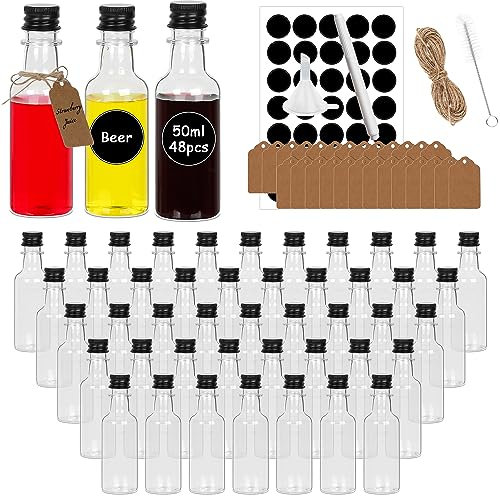 HYCKee [48 Pack Mini Alcohol Bottles 50ml, Miniature Alcohol Bottles With Black Screw Caps for Sloe Gin Sauce Spirit Syrup Oil Liquids, Mini Shots Small Plastic Bottle With Funnel Labels