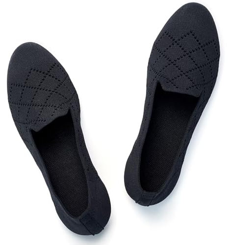 Puxowe Damen Ballerina Flache Schuhe Runde Zehe Strick Kleid Schuhe Niedriger Keil Slip On Ballerina Walking Flats für Frauen Bequem 39 EU Black